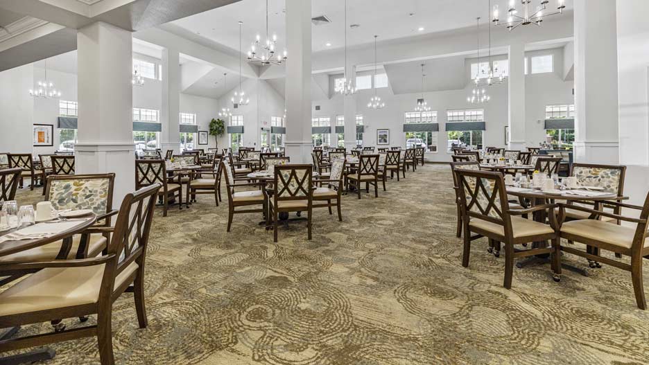 The dining room at Whispering Pines set for mealtime