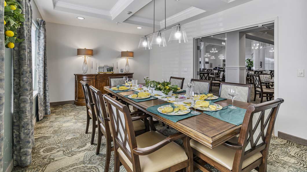 The dining room at Whispering Pines set for mealtime